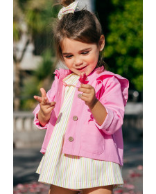 CHAQUETA DE NIÑA TUL Y POMPON VOLANTES ROSA