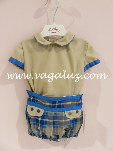 CONJUNTO NIÑO KOBEZ CUADROS AZULES Y CAMEL