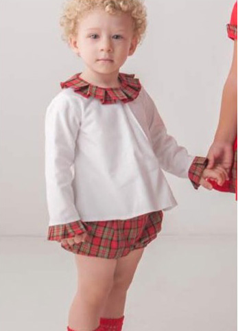 Conjunto de blusa y pantalón de cuadros rojo para niño de Loan Bor
